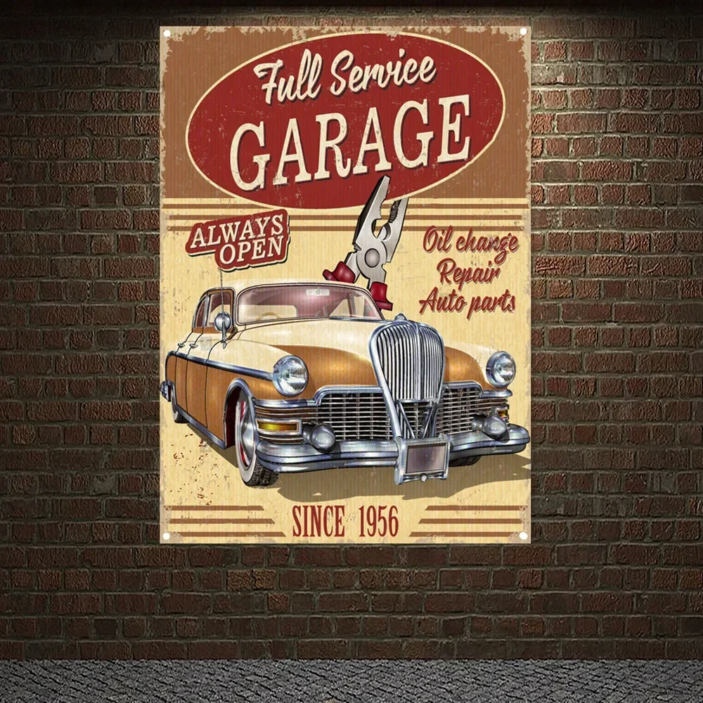 Auto Repair Shop Open - Póster Vintage 'GARAGE ALWAYS OPEN', Tapiz